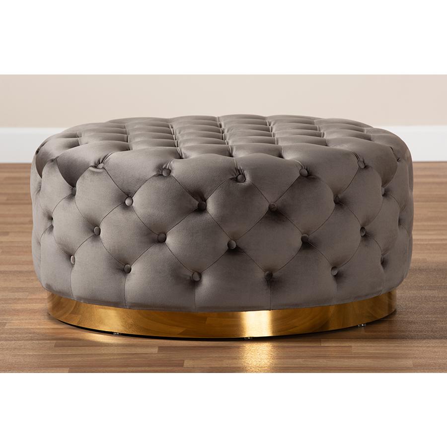 Luxe Grey Velvet Fabric Upholstered Gold Finished Round Cocktail Ottoman. Picture 5