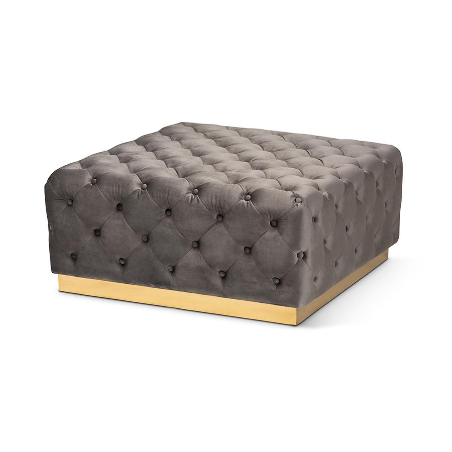 Luxe Grey Velvet Fabric Upholstered Gold Finished Square Cocktail Ottoman. Picture 1