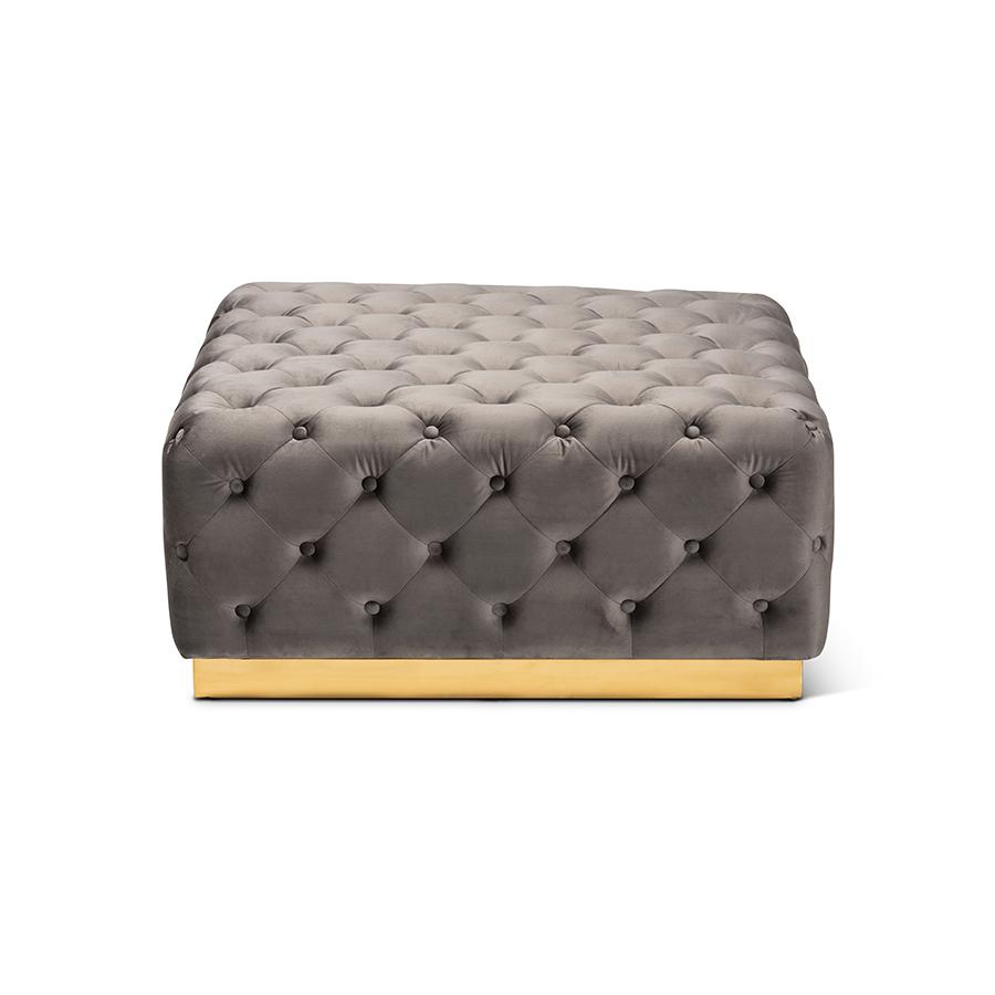 Luxe Grey Velvet Fabric Upholstered Gold Finished Square Cocktail Ottoman. Picture 2