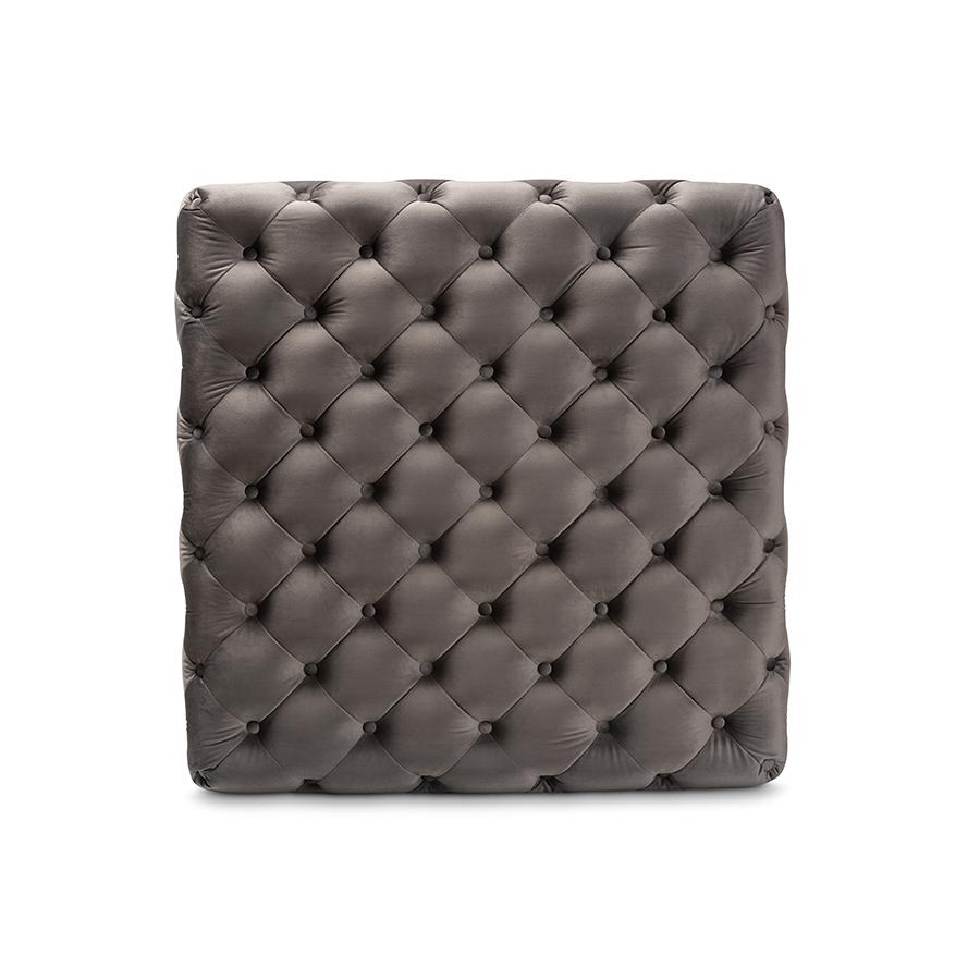 Luxe Grey Velvet Fabric Upholstered Gold Finished Square Cocktail Ottoman. Picture 3