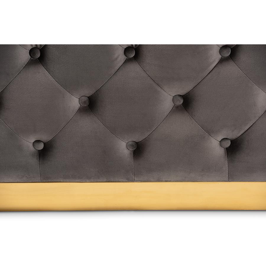 Luxe Grey Velvet Fabric Upholstered Gold Finished Square Cocktail Ottoman. Picture 4