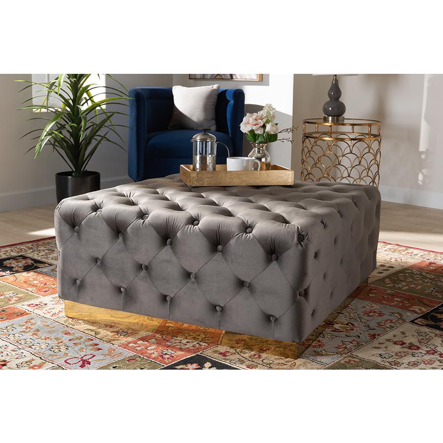 Luxe Grey Velvet Fabric Upholstered Gold Finished Square Cocktail Ottoman. Picture 5