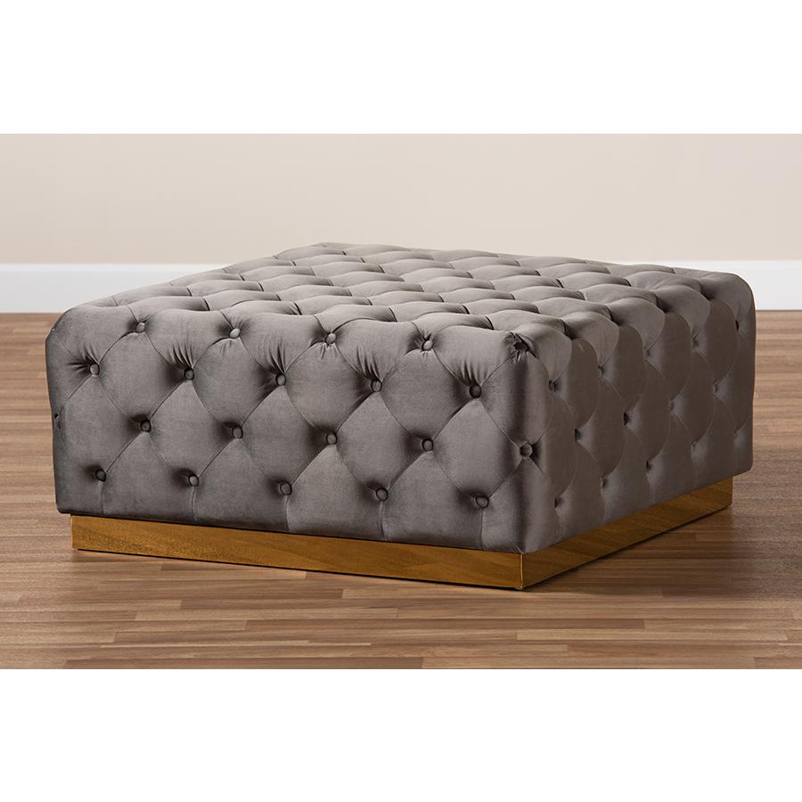 Luxe Grey Velvet Fabric Upholstered Gold Finished Square Cocktail Ottoman. Picture 6