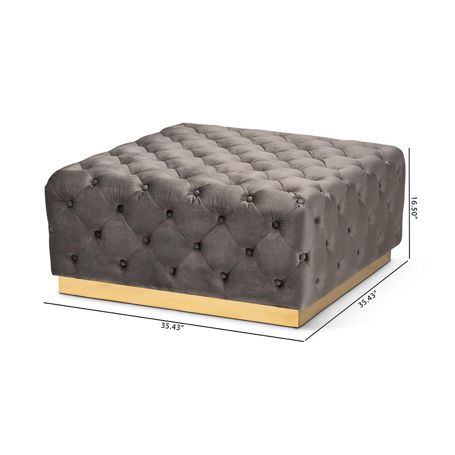 Luxe Grey Velvet Fabric Upholstered Gold Finished Square Cocktail Ottoman. Picture 7