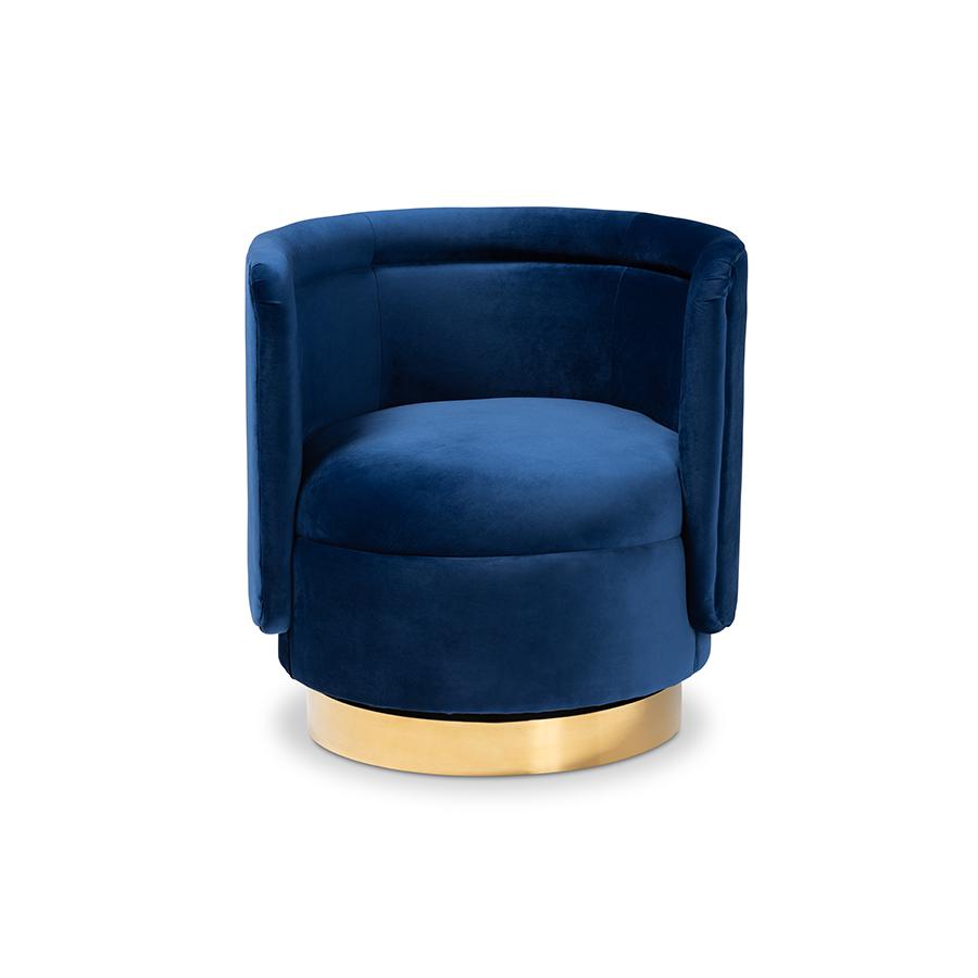 Baxton Studio Saffi Glam and Luxe Royal Blue Velvet Fabric Upholstered Gold Finished Swivel Accent Chair. Picture 2