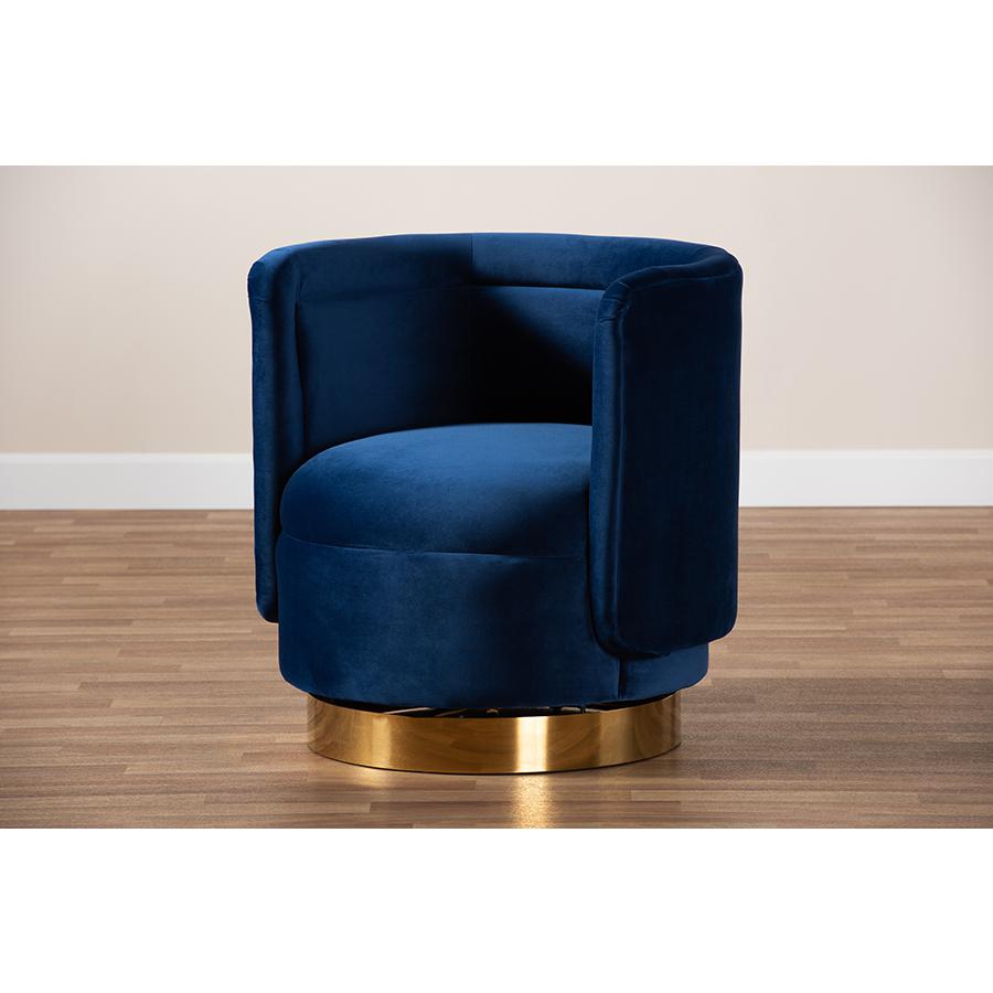 Baxton Studio Saffi Glam and Luxe Royal Blue Velvet Fabric Upholstered Gold Finished Swivel Accent Chair. Picture 7