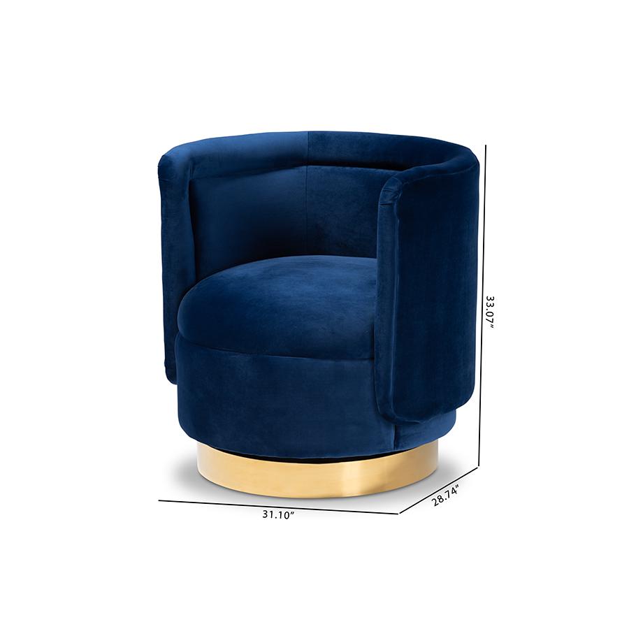 Baxton Studio Saffi Glam and Luxe Royal Blue Velvet Fabric Upholstered Gold Finished Swivel Accent Chair. Picture 8