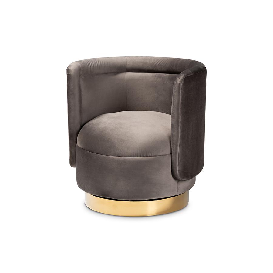 Luxe Grey Velvet Fabric Upholstered Gold Finished Swivel Accent Chair. Picture 1