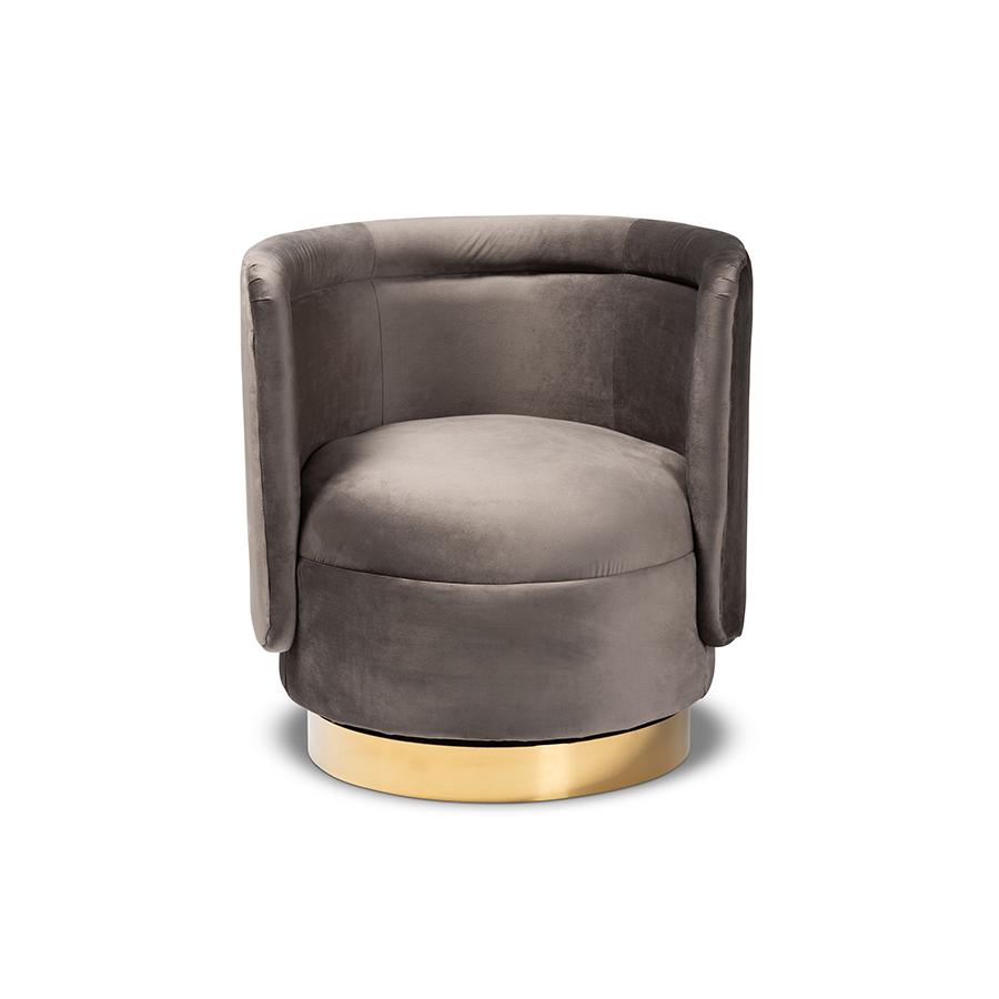Luxe Grey Velvet Fabric Upholstered Gold Finished Swivel Accent Chair. Picture 2