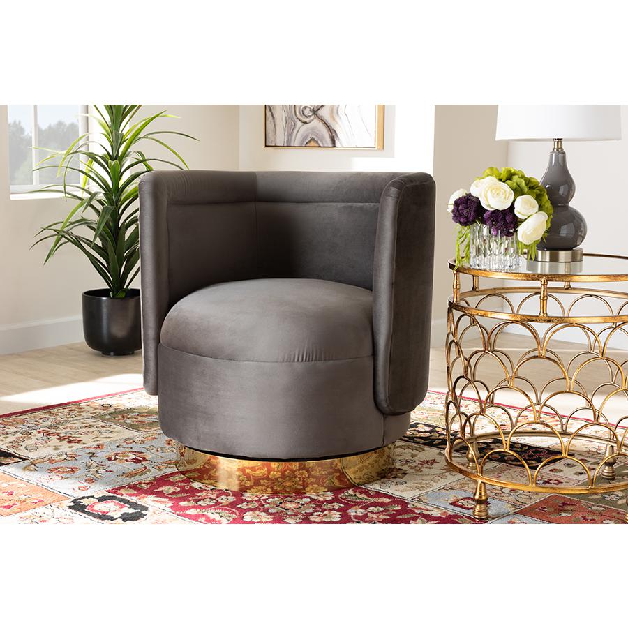 Luxe Grey Velvet Fabric Upholstered Gold Finished Swivel Accent Chair. Picture 6