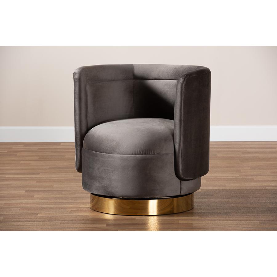 Luxe Grey Velvet Fabric Upholstered Gold Finished Swivel Accent Chair. Picture 7