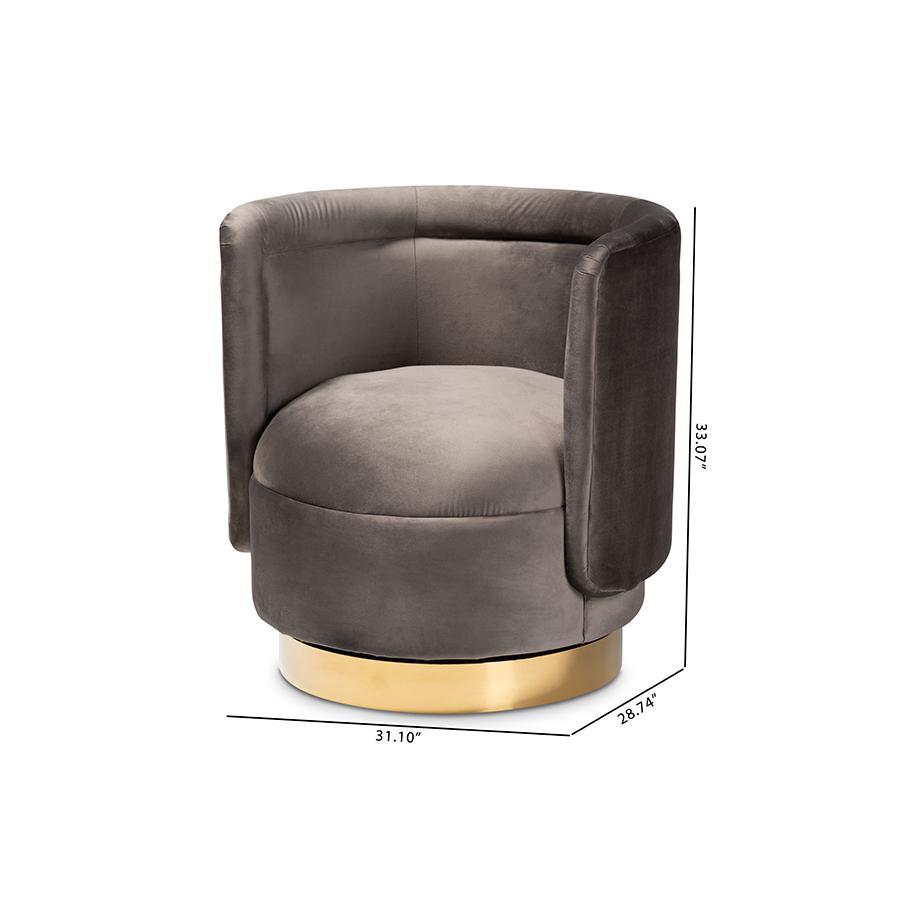 Luxe Grey Velvet Fabric Upholstered Gold Finished Swivel Accent Chair. Picture 8