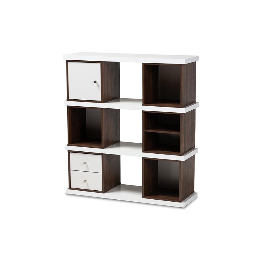 Two-Tone White and Walnut Brown Finished 2-Drawer Bookcase. Picture 1