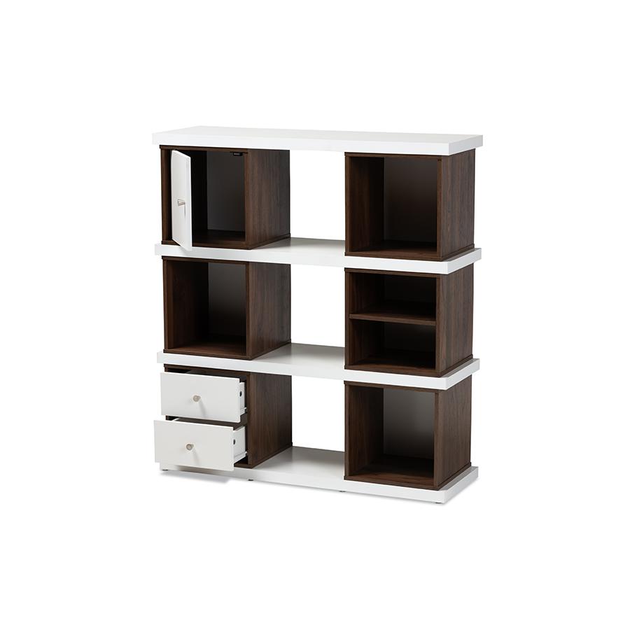 Two-Tone White and Walnut Brown Finished 2-Drawer Bookcase. Picture 2