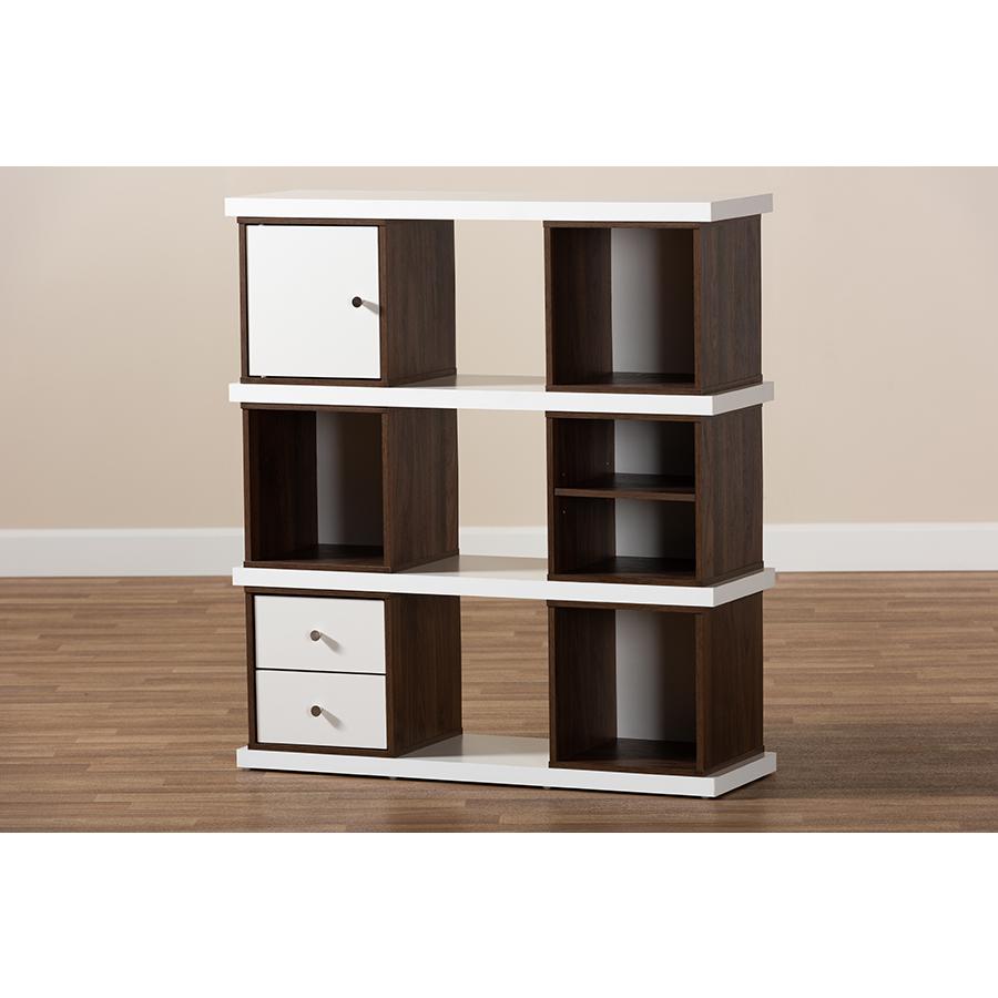 Two-Tone White and Walnut Brown Finished 2-Drawer Bookcase. Picture 7