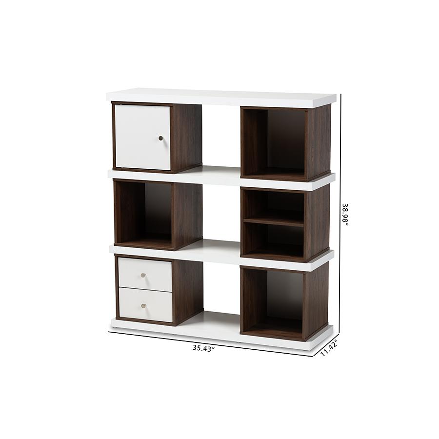 Two-Tone White and Walnut Brown Finished 2-Drawer Bookcase. Picture 8