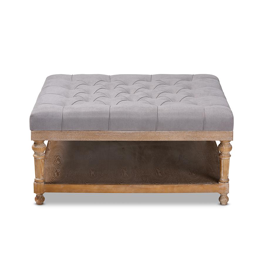 and Rustic Grey Linen Fabric Upholstered and Greywashed Wood Cocktail Ottoman. Picture 2