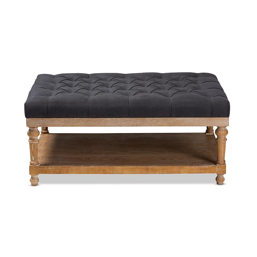 Baxton Studio Lindsey Modern and Rustic Charcoal Linen Fabric Upholstered and Greywashed Wood Cocktail Ottoman. Picture 2