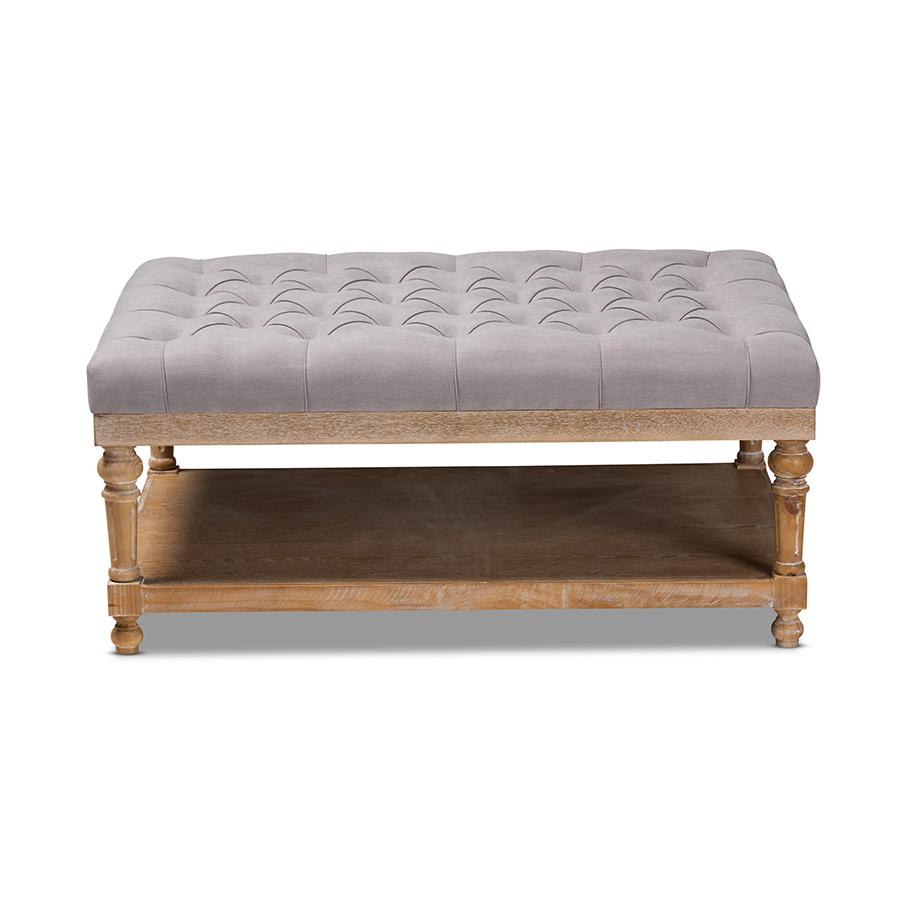 and Rustic Grey Linen Fabric Upholstered and Greywashed Wood Cocktail Ottoman. Picture 2