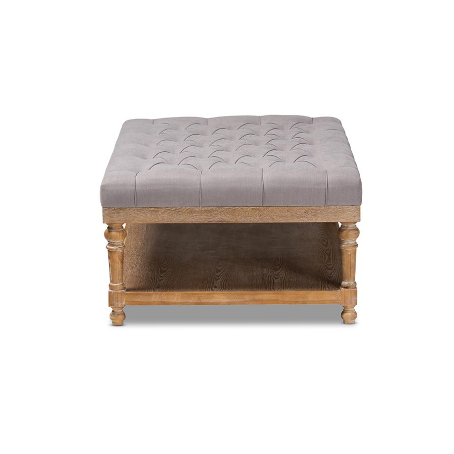 and Rustic Grey Linen Fabric Upholstered and Greywashed Wood Cocktail Ottoman. Picture 3