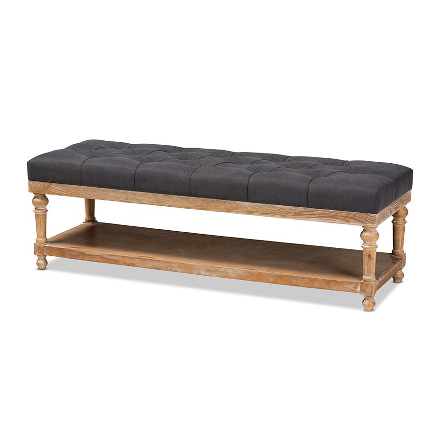 and Rustic Charcoal Linen Fabric Upholstered and Greywashed Wood Storage Bench. Picture 1