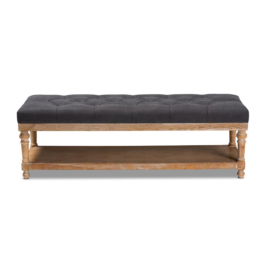 and Rustic Charcoal Linen Fabric Upholstered and Greywashed Wood Storage Bench. Picture 2
