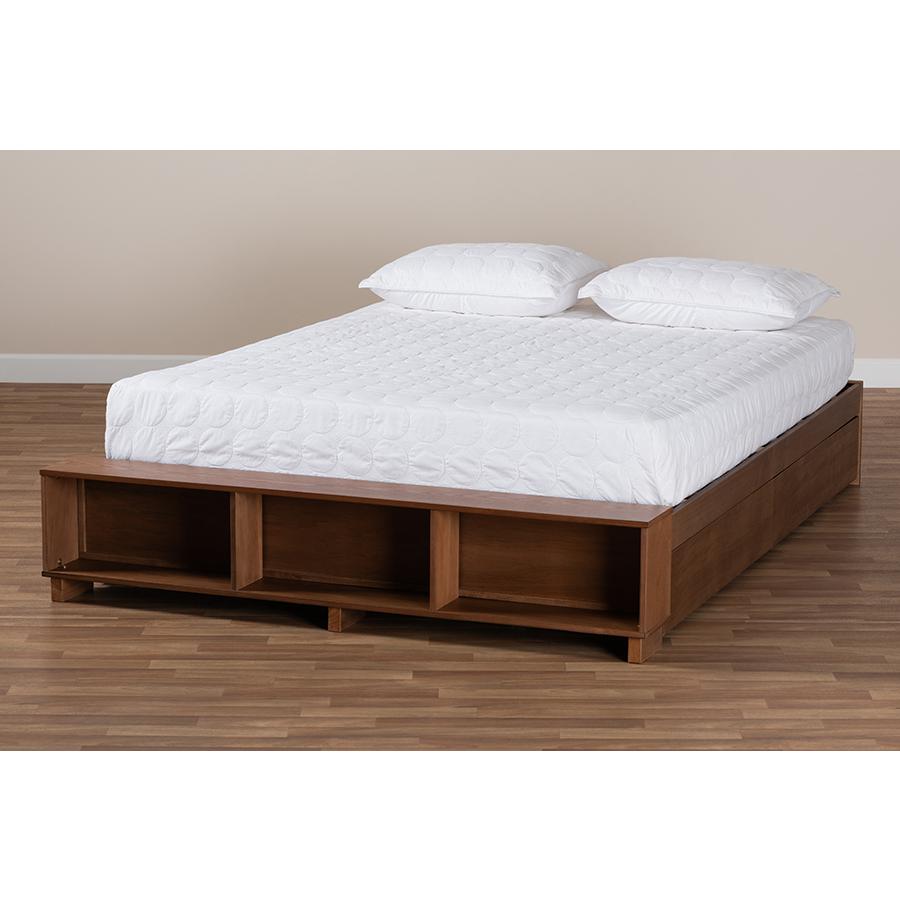 Brown Finished Wood Full Size Platform Bed with Built-In Shelves. Picture 10
