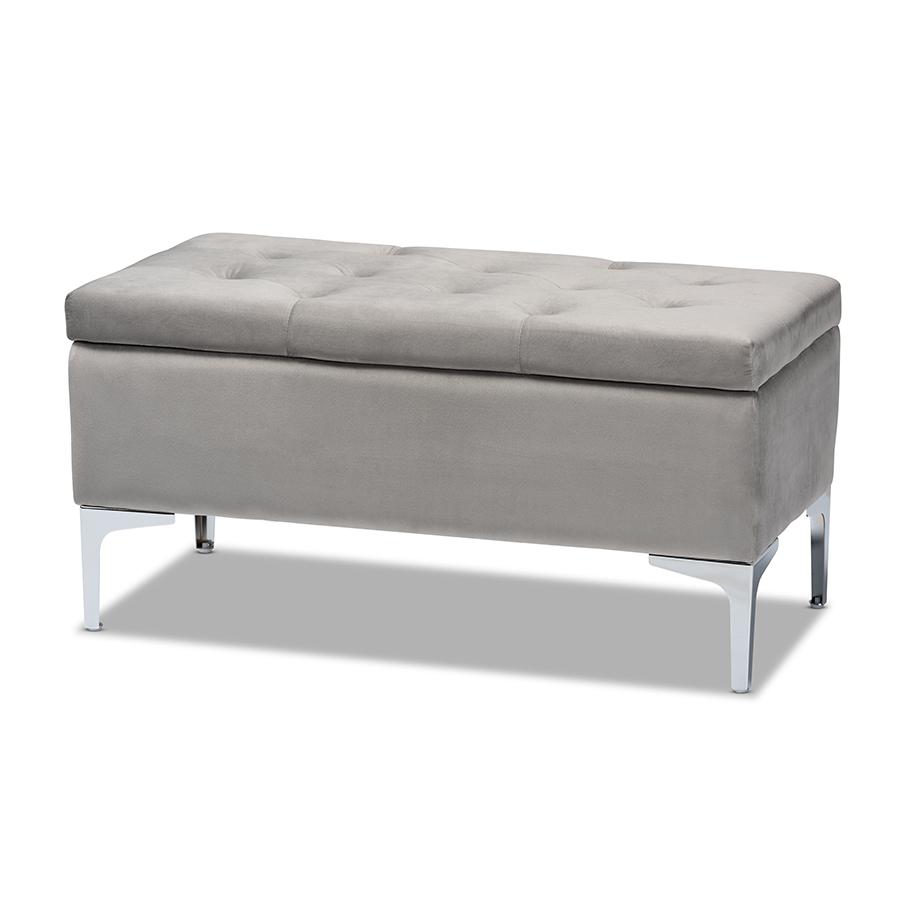 Transitional Grey Velvet Fabric Upholstered Silver Finished Storage Ottoman. Picture 1