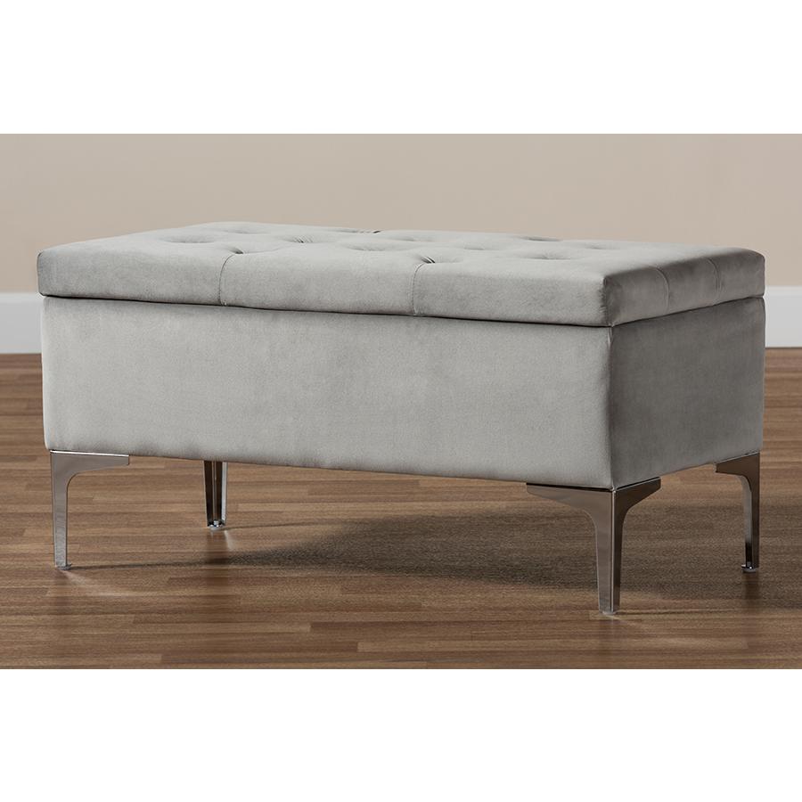 Transitional Grey Velvet Fabric Upholstered Silver Finished Storage Ottoman. Picture 10