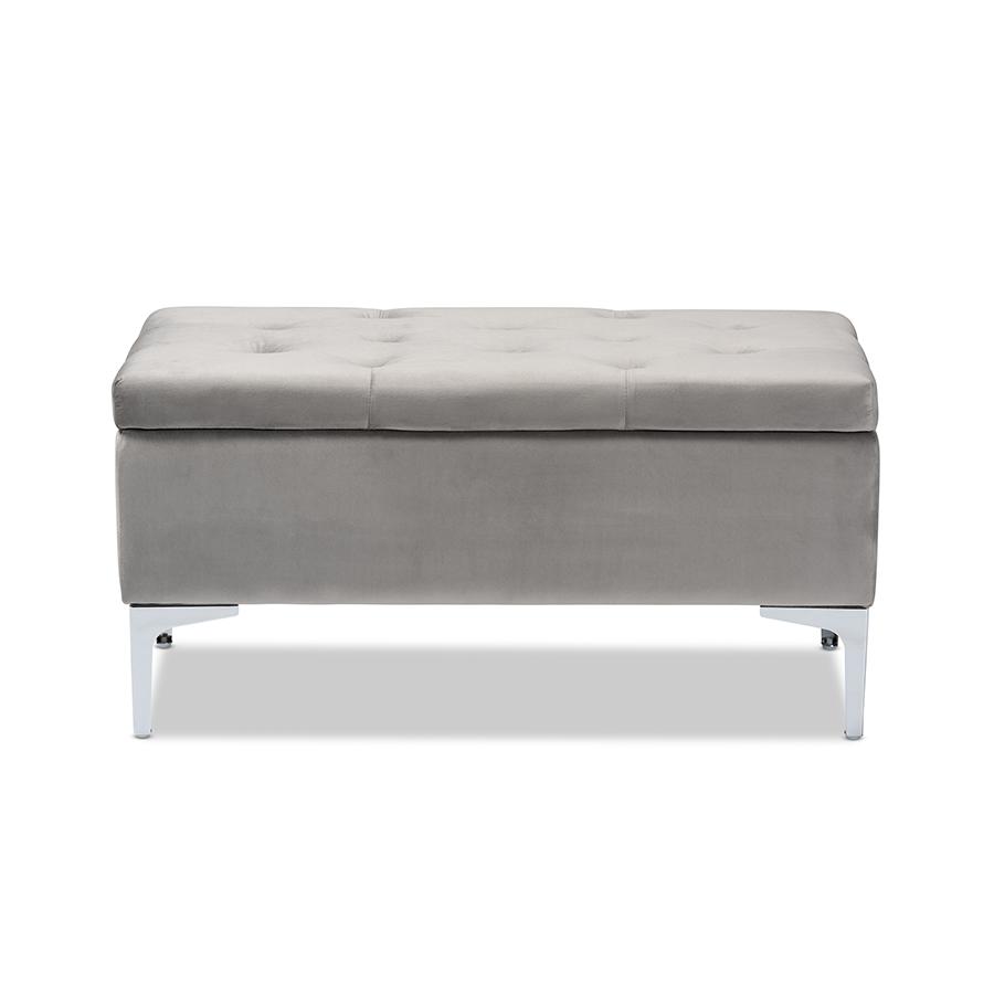 Transitional Grey Velvet Fabric Upholstered Silver Finished Storage Ottoman. Picture 3