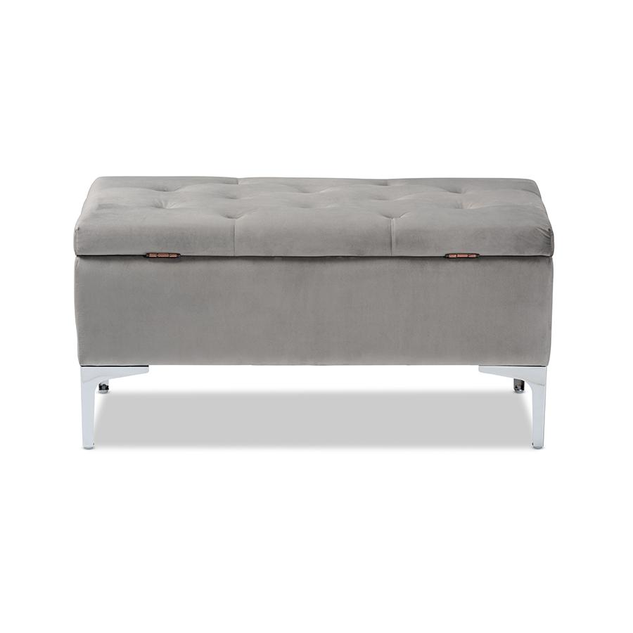 Transitional Grey Velvet Fabric Upholstered Silver Finished Storage Ottoman. Picture 5