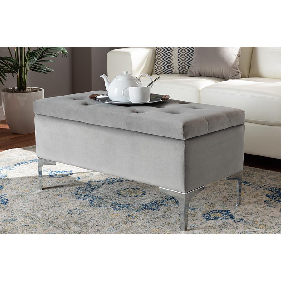 Transitional Grey Velvet Fabric Upholstered Silver Finished Storage Ottoman. Picture 8