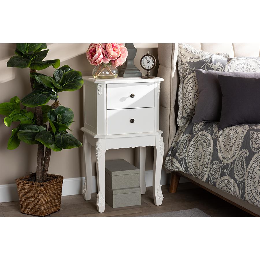Sophia Classic and Traditional French White Finished Wood 2-Drawer Nightstand. Picture 1
