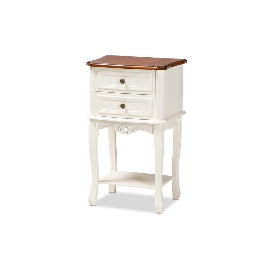 Darla Classic and Traditional French White and Cherry Brown Finished Wood 2-Drawer Nightstand. Picture 1