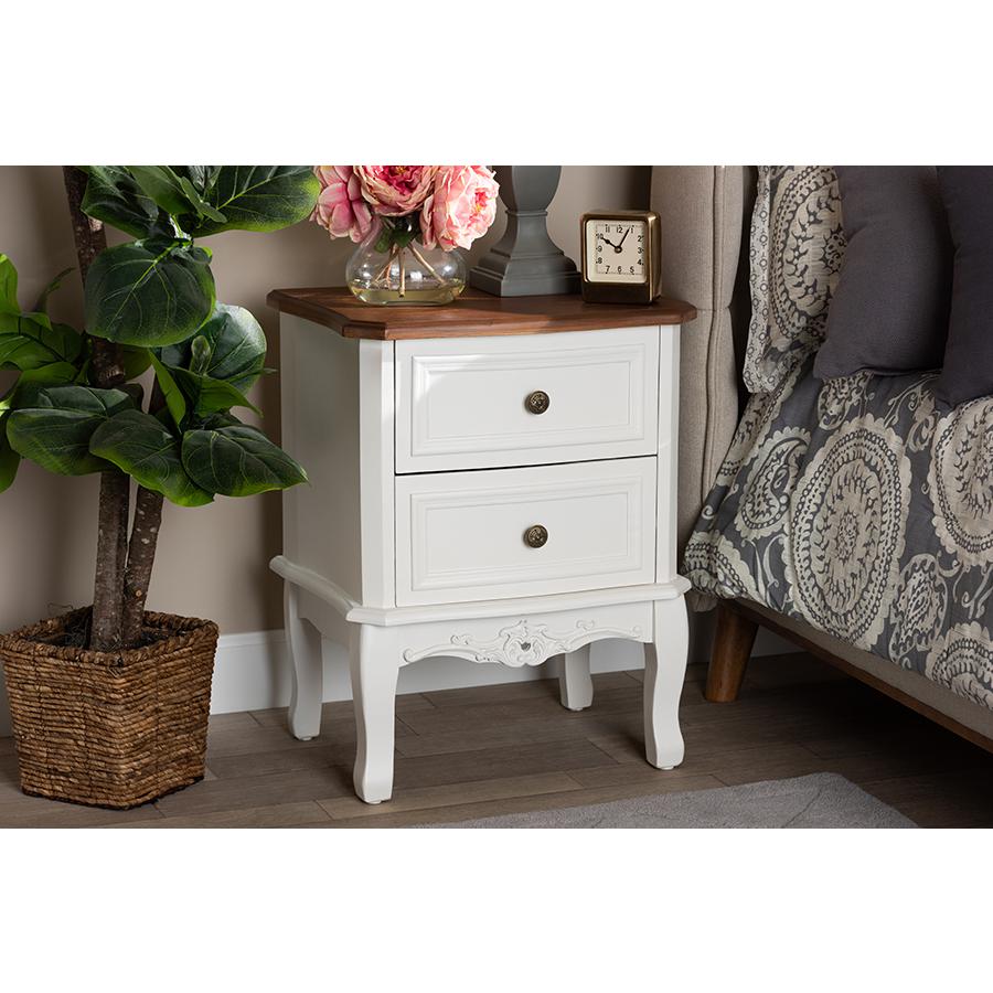 Darlene Classic and Traditional French White and Cherry Brown Finished Wood 2-Drawer Nightstand. Picture 1