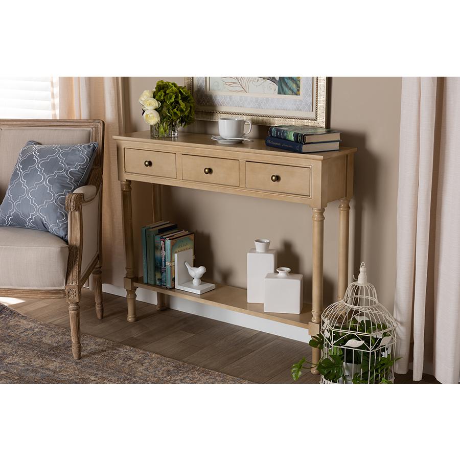 Farmhouse Oak Brown Finished Wood 3-Drawer Entryway Console Table. Picture 7
