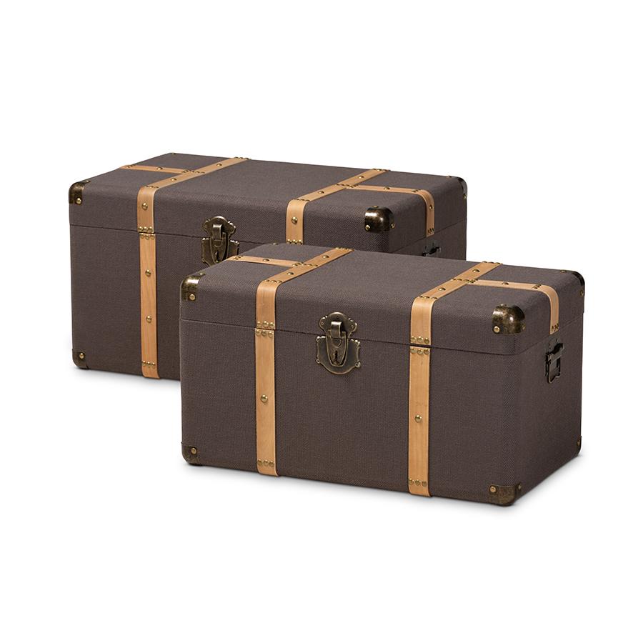 Oak Brown Finished 2-Piece Storage Trunk Set. Picture 1