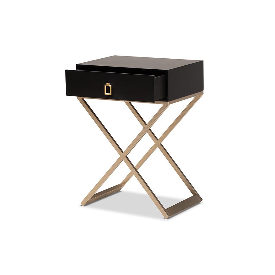 Baxton Studio Patricia Modern and Contemporary Black Finished Wood and Powder Coated Brass Effect Metal 1-Drawer Nightstand. Picture 2