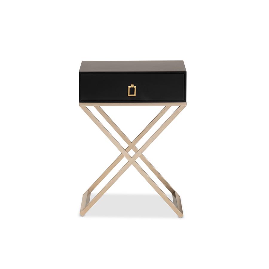 Baxton Studio Patricia Modern and Contemporary Black Finished Wood and Powder Coated Brass Effect Metal 1-Drawer Nightstand. Picture 3