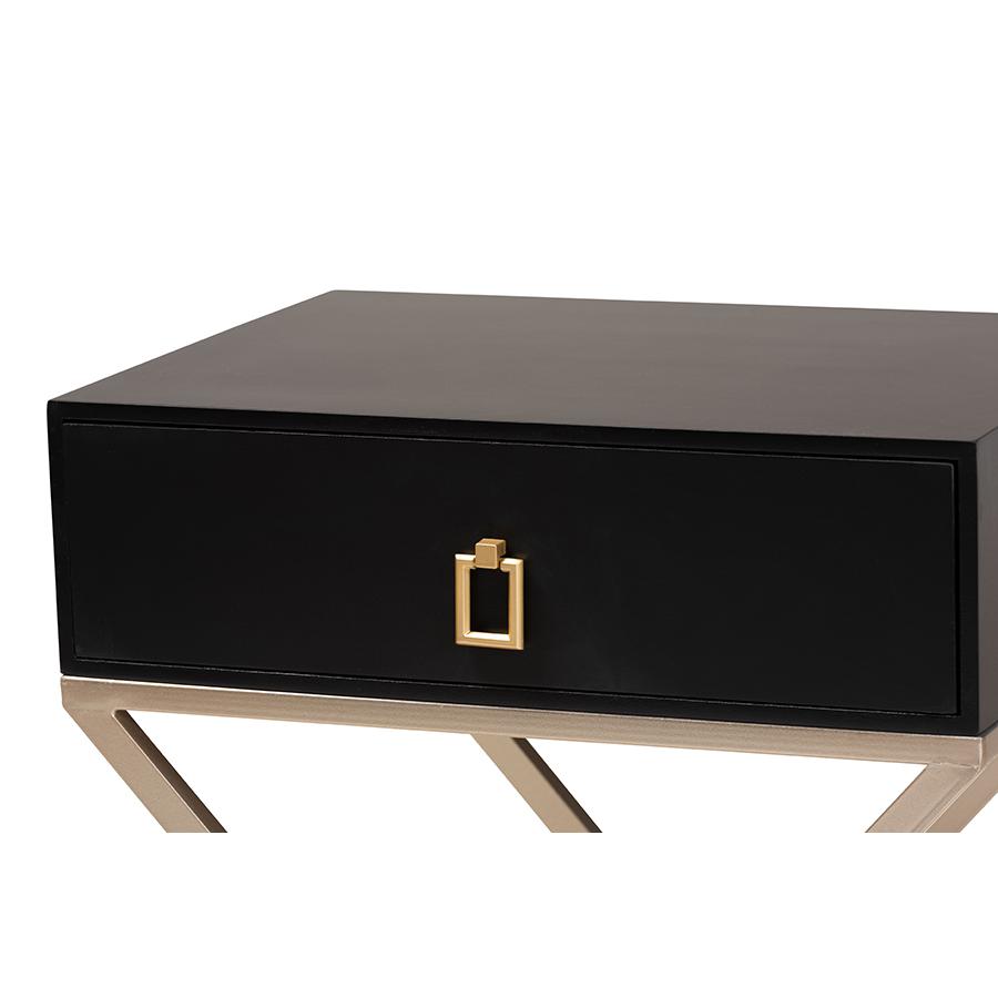 Baxton Studio Patricia Modern and Contemporary Black Finished Wood and Powder Coated Brass Effect Metal 1-Drawer Nightstand. Picture 6