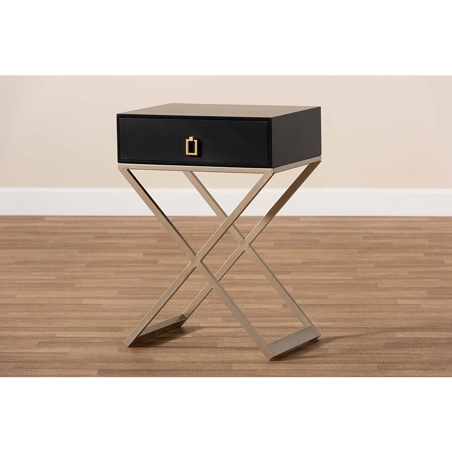 Baxton Studio Patricia Modern and Contemporary Black Finished Wood and Powder Coated Brass Effect Metal 1-Drawer Nightstand. Picture 9