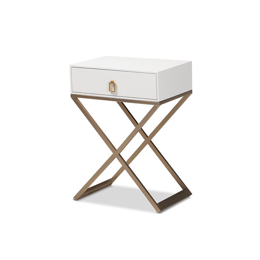 Baxton Studio Patricia Modern and Contemporary White Finished Wood and Powder Coated Brass Effect Metal 1-Drawer Nightstand. Picture 1