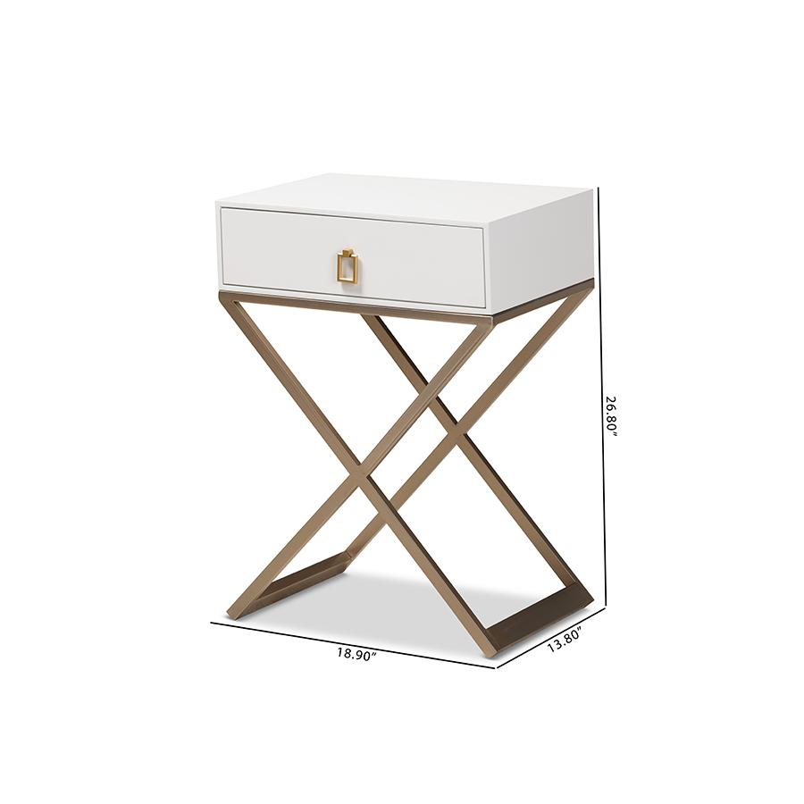 Baxton Studio Patricia Modern and Contemporary White Finished Wood and Powder Coated Brass Effect Metal 1-Drawer Nightstand. Picture 10