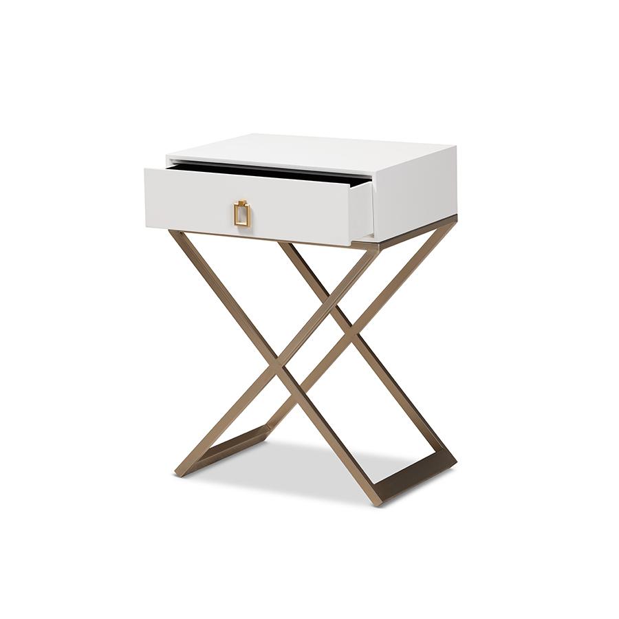 Baxton Studio Patricia Modern and Contemporary White Finished Wood and Powder Coated Brass Effect Metal 1-Drawer Nightstand. Picture 2