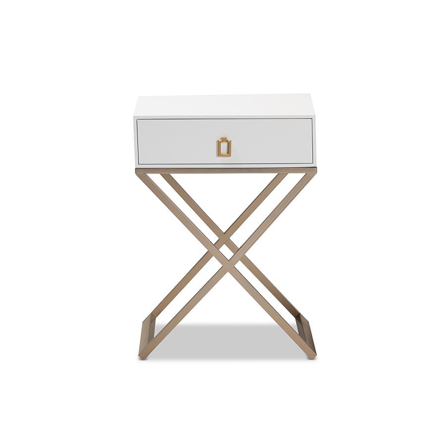 Baxton Studio Patricia Modern and Contemporary White Finished Wood and Powder Coated Brass Effect Metal 1-Drawer Nightstand. Picture 3