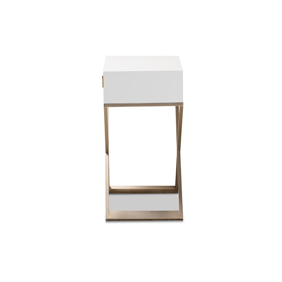 Baxton Studio Patricia Modern and Contemporary White Finished Wood and Powder Coated Brass Effect Metal 1-Drawer Nightstand. Picture 4