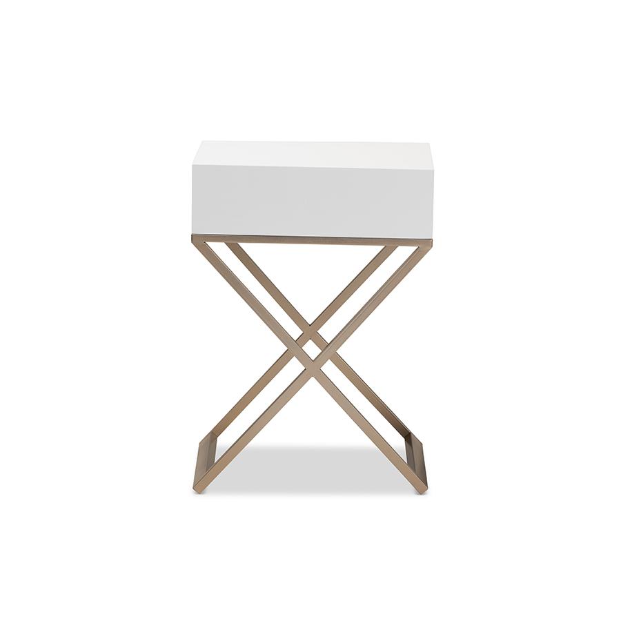 Baxton Studio Patricia Modern and Contemporary White Finished Wood and Powder Coated Brass Effect Metal 1-Drawer Nightstand. Picture 5