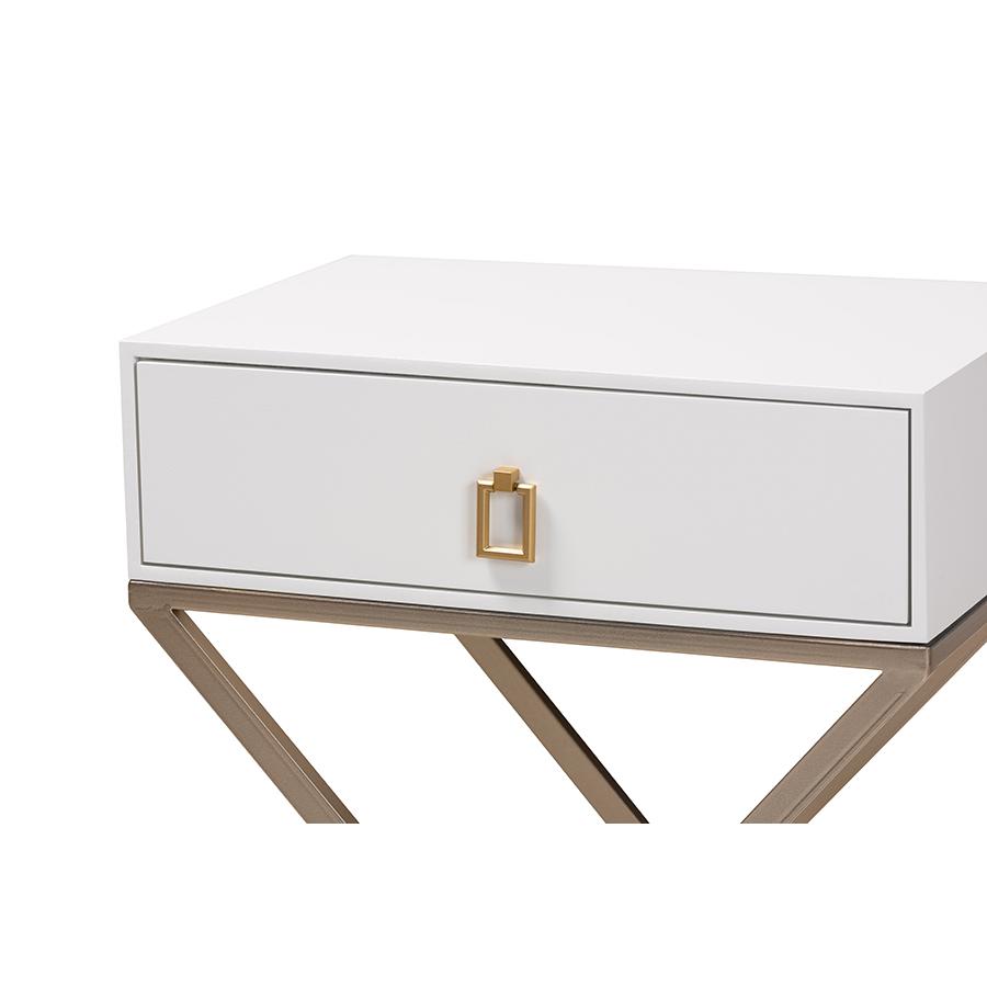Baxton Studio Patricia Modern and Contemporary White Finished Wood and Powder Coated Brass Effect Metal 1-Drawer Nightstand. Picture 6