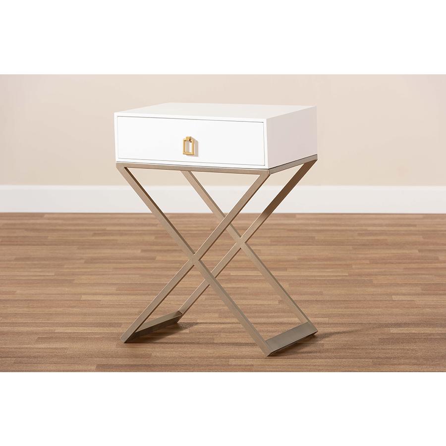 Baxton Studio Patricia Modern and Contemporary White Finished Wood and Powder Coated Brass Effect Metal 1-Drawer Nightstand. Picture 9