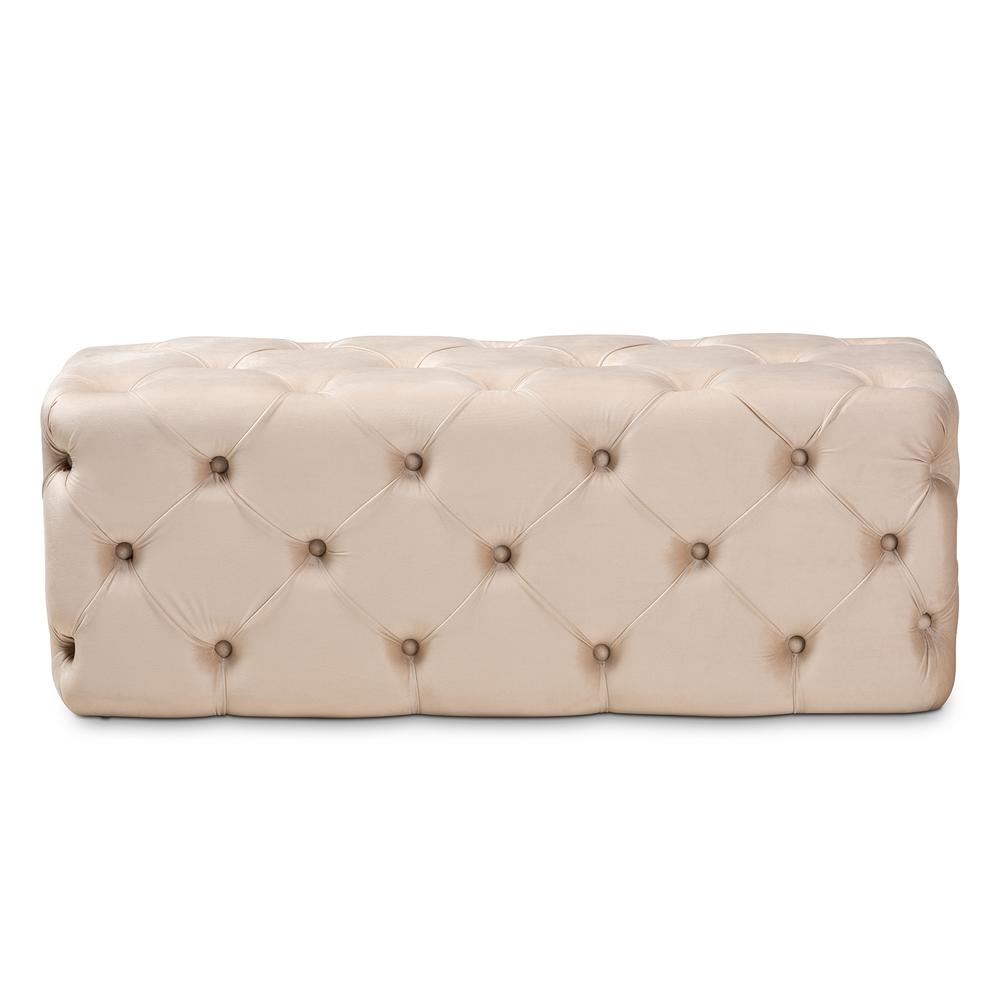 Jasmine Modern Contemporary Glam and Luxe Beige Velvet Fabric Upholstered Button Tufted Bench Ottoman. Picture 3